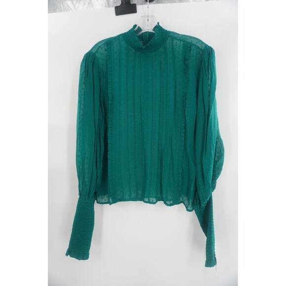 Farm Rio Emerald Green Ruffled Boho Blouse Swiss Dot Semi Sheer Mock Neck Size L - Picture 11 of 15